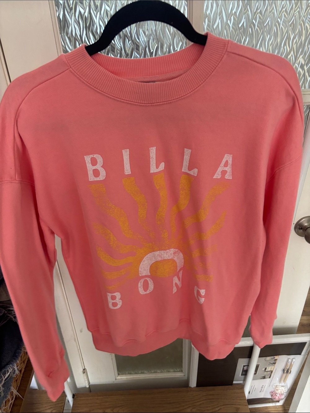 Billabong Pink Crewneck Sweatshirt with Yellow Sun Graphic